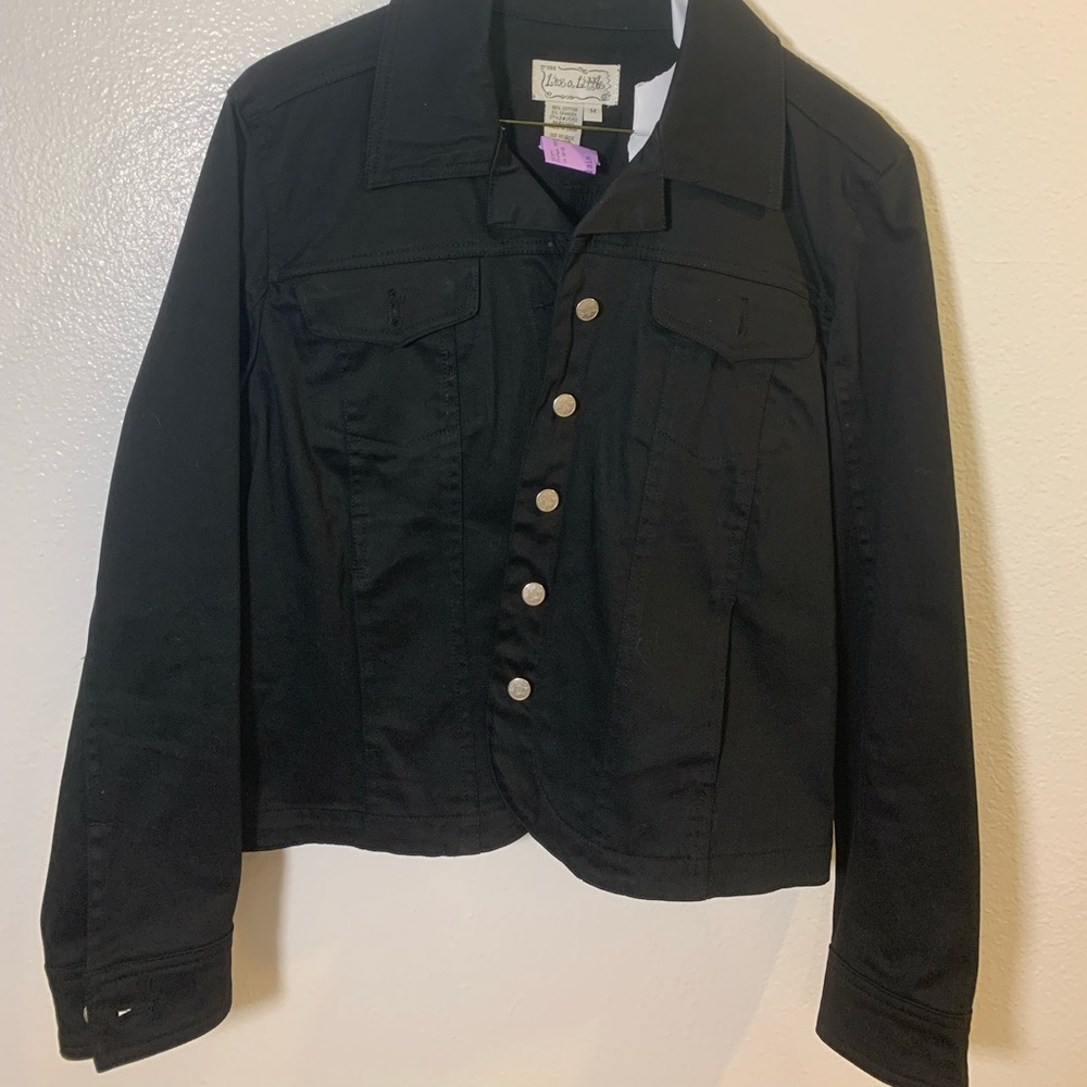 Black jean jacket.  Waist length.  Slight stretch in fabric.  dry cleaned.